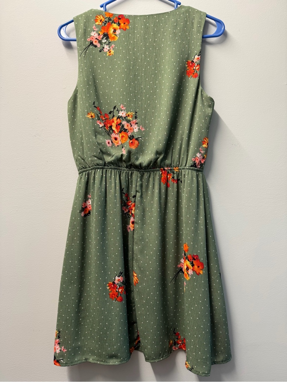 Olive Green Bright Floral Front Wrap Dress With White Polka Dots Size Medium - Picture 3 of 10